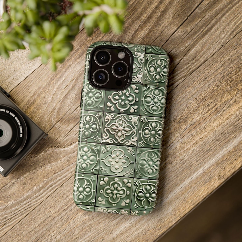 Funda para teléfono con azulejos mediterráneos verde salvia, azulejos portugueses de cerámica para iPhone 16, 15 Pro Max, 14 Plus, 13, 12, 11 X, Samsung S24, S23, S22, Pixel imagen 10