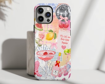 Custodia per telefono con collage di Martini rosa sporco, ragazza di città alla moda, estetica preppy, carina e femminile, per feste, iPhone 16, 15, 14, 13, 12, 11 Pro Max, 8 Plus X, Samsung