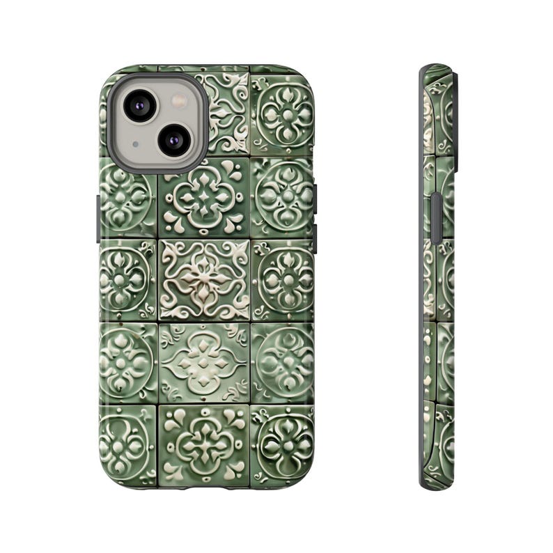 Funda para teléfono con azulejos mediterráneos verde salvia, azulejos portugueses de cerámica para iPhone 16, 15 Pro Max, 14 Plus, 13, 12, 11 X, Samsung S24, S23, S22, Pixel imagen 9