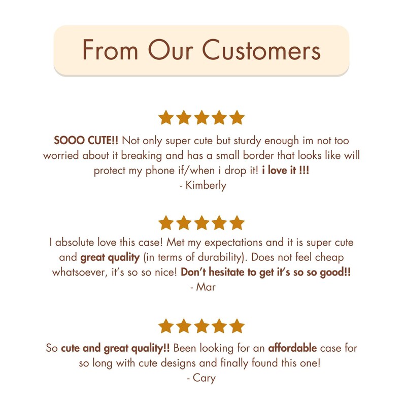 Op de afbeelding: Afbeelding met klantbeoordelingen met vijfsterrenbeoordelingen. De tekst luidt "From Our Customers" bovenaan. Beoordelingen benadrukken de schattigheid, kwaliteit en betaalbaarheid van het product. Klantnamen zijn opgenomen.