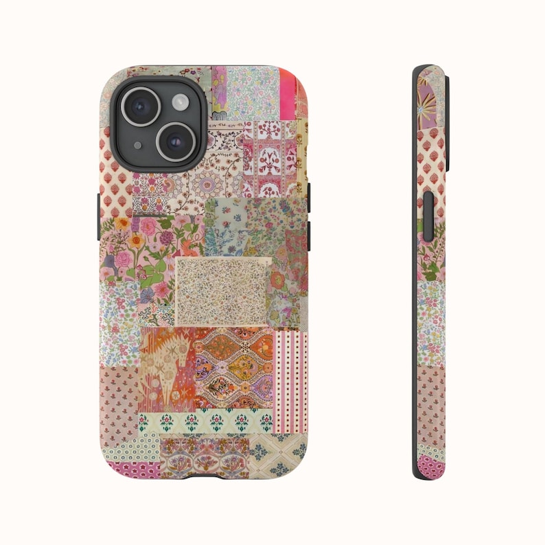 May include: A colorful phone case with a patchwork design featuring various floral and geometric patterns in shades of pink, red, green, and blue.