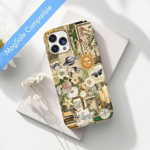 Magsafe Cute Antique Collage Phone Case Trendy Vintage Floral Old Timey Aesthetics Cute Retro Sun Cover For iPhone 16 15 14 13 Pro Max Plus