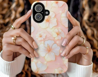 Pink Hibiscus Stained Glass Phone Case, Faux Stained Glass, Golden Floral Coquette Cover For iPhone Air Pro Max Plus X, Samsung Galaxy
