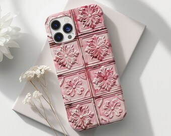 Pink Mediterranean Tile Phone Case, European Aesthetics, iPhone 16 15 pro max, 14 plus, 13, 12, 11, X Samsung s24, s23, s22, Pixel 8 Pro