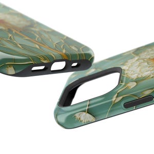Magsafe gebrandschilderd glas paardebloem telefoonhoesje, salie groene botanische kunst, verdorde magnetische paardebloem hoes, bloemenliefhebber cadeau voor iPhone afbeelding 10