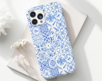 Funda para teléfono con azulejos azules preciosos, estilo veraniego europeo, bonita y playera, para iPhone 16, 15, 14, 13, 12, 11, 8 Pro Max Plus, X y Samsung