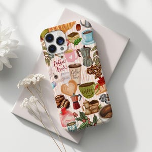 May include: A phone case with a colorful design featuring coffee cups, coffee beans, and the words "Coffee lover" and "Coffee time".