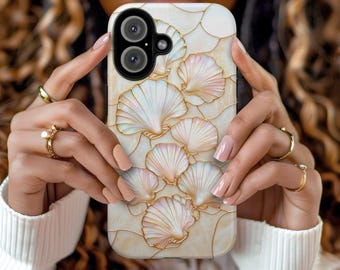 Stained Glass Seashells Phone Case, Faux Stained Glass, Golden Seashell Coquette Cover For iPhone Air Pro Max Plus, Samsung Galaxy