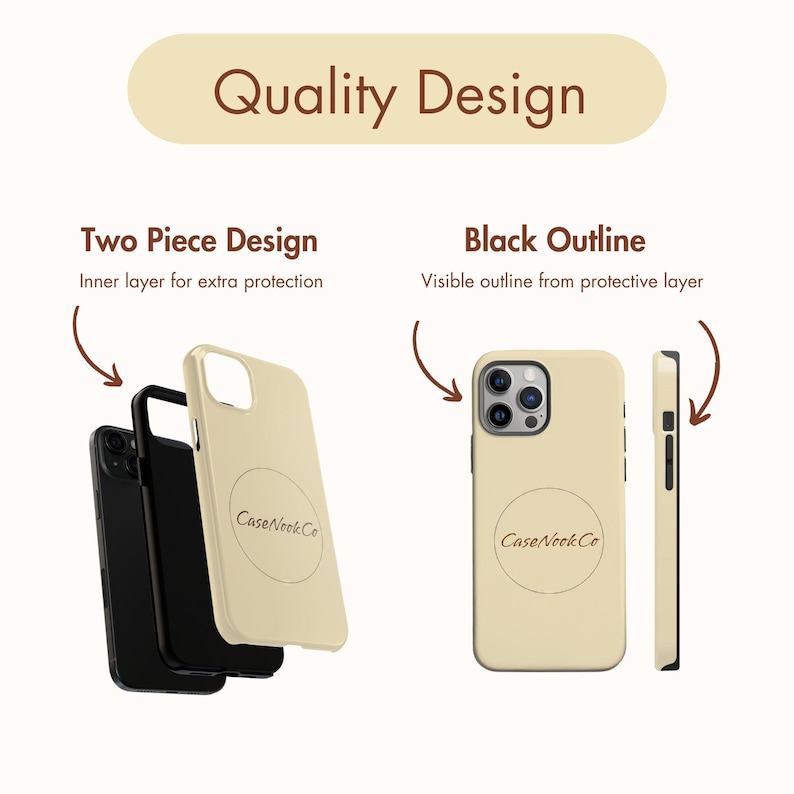 May include: Two-piece phone case design with a black outline. The case is beige and has the text "Case Nook Co" printed on it. The case is shown with a black inner layer for extra protection.