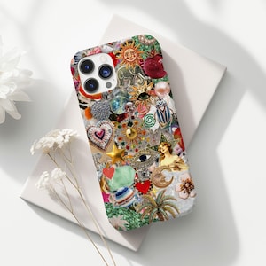 Coque de téléphone collage bijoux bohème perles, pierres précieuses, coque artistique en verre mosaïque pour iPhone 16 15 14 13 12 11 X 8 7 Pro Max Plus, Samsung