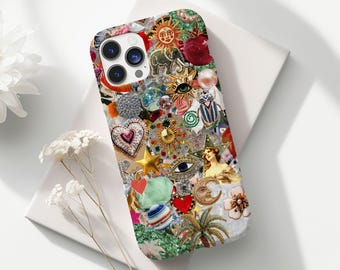 Beaded Boho Jewelry Collage Phone Case, Gemstones, Mosaic Glass Art Cover for iPhone 16 15 14 13 12 11 X 8 7 Pro Max Plus, Samsung