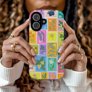 May include: A colourful phone case with a pattern of postage stamps featuring various flowers and plants. The case has a camera cutout and a black camera lens.