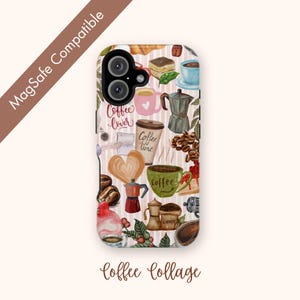 May include: A phone case with a coffee-themed collage design. The case features various coffee-related illustrations, including coffee beans, mugs, and coffee makers, set against a striped background. The text "Coffee lover", "Coffee time", and "Coffee Collage" are also visible.