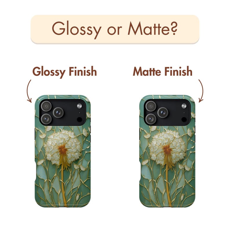 Op de afbeelding: Twee telefoonhoesjes met een paardenbloemontwerp, &eacute;&eacute;n met een glanzende afwerking en de andere met een matte afwerking. De hoesjes zijn teal met een witte paardenbloem en gouden accenten. De tekst "Glossy or Matte?" staat bovenaan.
