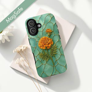 MagSafe iPhone-skal i färgat glas med ringblomma, estetiskt tufft skal med vintagemotiv och botanisk blomma för iPhone Pro Max Plus Air, Samsung Galaxy