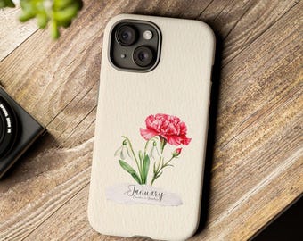 Birth Month Flower Phone Case, January, Carnation & Snowdrop, Cover, iPhone 15 pro max, 14 plus, 13, 12, 11, 8, 7, X Samsung Galaxy, Pixel