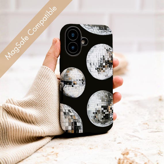 Disco Ball Phone Case, Black Silver Y2K Aesthetic Cover, MagSafe Girly Fashion Case for iPhone, Trendy Retro Sparkle Protective Case Disco Ball Phone Case, Black Silver Y2K Aesthetic Cover, MagSafe Girly Fashion Case for iPhone, Trendy Retro Sparkle Protective Case