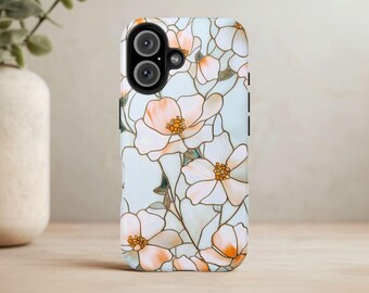Elegant Floral Stained Glass Phone Case, Faux Stained Glass Trendy Spring & Summer Flowers For iPhone 17 16 15 14 13 12 11, Samsung