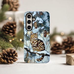 Custodia per telefono con gatto in pino innevato, finto vetro colorato natalizio, amante dei gatti, inverno, iPhone 16, 15, 14, 13, 12, 11 Pro Max, 8 Plus X, Samsung Pixel