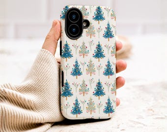 Pastelkleurige kerstboom telefoonhoesje, geborduurde stijl sneeuwvakantie hoesje voor iPhone Samsung Galaxy Pixel, leuke feestelijke wintercover