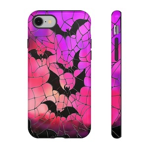 Bats On A Pink Night Sky Phone Case, Faux Stained Glass, Spooky Bats, Halloween Gift iPhone 15 14 13 12 11 Pro Max 8 Plus X Samsung Pixel