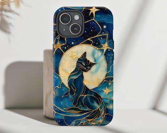 Celestial Cat Phone Case Faux Stained Glass Cover Spooky Moon and Stars Halloween iPhone 16 15 14 13 12 11 Pro Max 8 Plus X Samsung Pixel