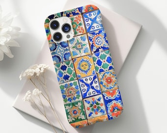 Funda para teléfono con collage de azulejos de Lisboa, estética mediterránea, estilo europeo, estilo preppy y moderno para iPhone 16, 15, 14, 13, 12, 11, X, 8 Pro Max Plus