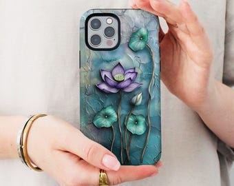 Sacred Lotus Flower Phone Case 3D Effect Rustic Floral Cover for