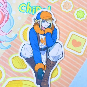 PKMN Male Trainer Volo Glossy, Kawaii Monster Champion Glossy Sticker, Kawaii Trainer Sticker, Blonde Anime Boy Sticker