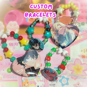 May include: Custom bracelets with colorful beads, star and heart charms, and character art. The bracelets feature a variety of colors, including red, green, yellow, and white. The text "CUSTOM BRACELETS" is displayed in pink.
