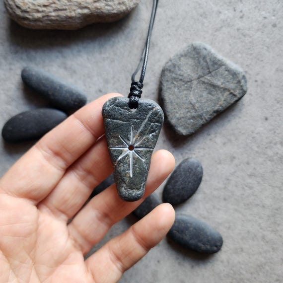 Hand Carved Sea Stone Polaris Necklace: Engraved Beach Pebble Bohemian Jewelry, Stone Art