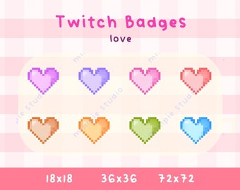 Twitch Sub/Bit Badges - Bunte Herz Badges| Twitch / Sub / Loyalität / Bit | Pixel art - Süßer- Kawaii- Streamer- Ästhetik/Youtube- Discord