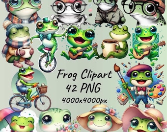 Cute Frog Clipart Bundle, Kawaii Watercolor Frogs PNG, Funny Little Frog Stickers, Quirky Animal Bundles, Transparent PNG Pack, Kids Crafts