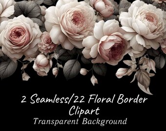 Seamless Floral Border Clipart, Watercolor Rose PNG (Digital Download)