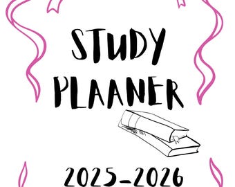 Könnte beinhalten: Weißer Hintergrund mit rosa Schleifen und dem Text "STUDY PLAANER 2025-2026" in Schwarz. Eine Skizze von zwei Büchern ist ebenfalls enthalten. Geeignet für einen Studienplaner.