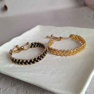 Black Metallic gold beaded bracelet, Japanese Miyuki Delica Seed Bead Bracelet, Handmade Jewelry Gold Plated, Flat small beaded bracelet