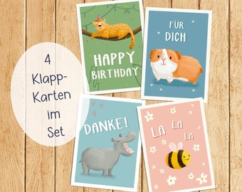 Set of 4 folding cards with animal motifs | A6 | Children | Postcard | birthday | Thanks
