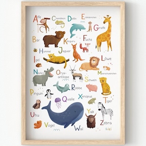 Poster Alphabet Tiere Kinderzimmer, Montessori Kunstdruck ABC,  Lernposter Junge Mädchen, Posterleiste