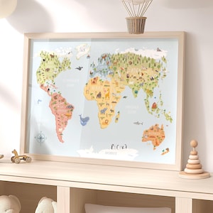 Weltkarte Kinder, Kinderzimmer Poster Plakat Kunstdruck, A3 A2 50x70, Wandbild