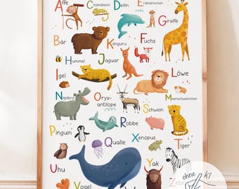 May include: A framed educational poster featuring an alphabet with animal illustrations. Each letter is paired with a different animal, such as a giraffe, bear, and zebra. The poster has a wooden frame and is displayed on a wooden floor.