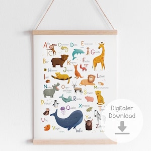 Póster Alfabeto Descargar Animales Habitación Infantil, Montessori Art Print ABC, Póster Aprendizaje Niño Niña, Póster para Imprimir, Descargar PDF