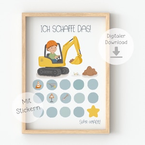 Belohnungstafel Baustelle Töpfchentraining Plan Junge, Bagger, Belohnungsplan ausdrucken, Motivation Vorlage, Kinder stärken, Download