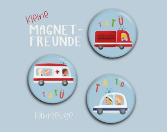 Magnete Fahrzeuge Kinder Kühlschrank Set 38mm, Geschenk Kindergeburtstag Mitgebsel, Junge, Auto Polizei Feuerwehr