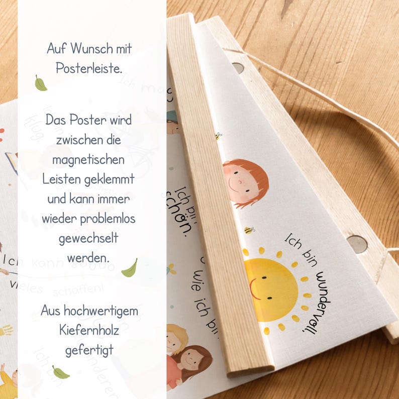 May include: A set of children's posters with wooden magnetic poster hangers. The posters feature illustrations of a smiling sun, children, and text in German. The text includes phrases like "Ich bin wundersch&ouml;n" and "Ich bin wundervoll."