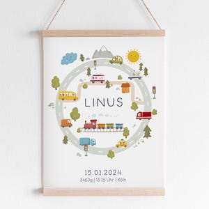 Geburt Poster personalisiert Junge, Geburtstafel Neugeborenes, Geschenk Geburtsposter Baby, Namensposter Fahrzeuge