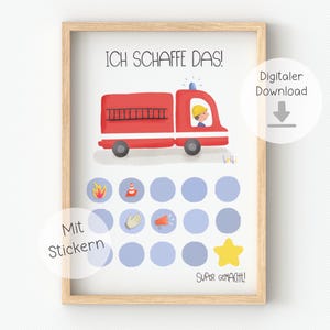 Könnte beinhalten: Ein druckbarer Chart mit einem roten Feuerwehrauto und einem Feuerwehrmann. Der Chart hat 12 Kreise für Sticker. Der Text auf dem Chart lautet "Ich schaffe das!" und "Super gemacht!"