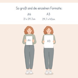 May include: Illustration showing two figures holding paper sizes A4 and A3. The A4 paper measures 21 x 29.7 cm, and the A3 paper measures 29.7 x 42 cm. The text at the top reads "So gro&szlig; sind die einzelnen Formate:" in German.