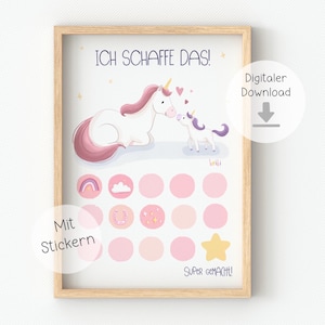 Könnte beinhalten: Ein druckbarer Chart mit rosa Hintergrund und einer Illustration von einem Einhorn und einem Fohlen. Der Chart hat 16 Kreise für Sticker und den Text "Ich schaffe das!" und "Super gemacht!"