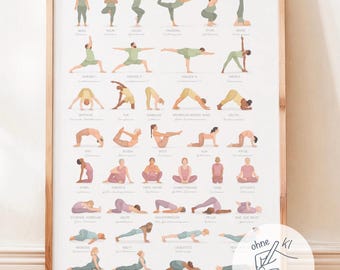 May include: A framed print featuring a series of yoga poses, each illustrated with a figure in various positions. The poses are labeled in German. The color palette includes soft greens, yellows, and pinks, with a wooden frame.
