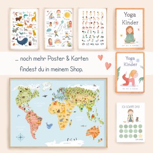 May include: A collection of children's educational posters and cards. The image includes framed posters with animal alphabet, activity illustrations, and yoga poses. Also featured are yoga cards and a world map with animal illustrations. The text reads "Yoga for Kinder" and "Ich schaffe das!"